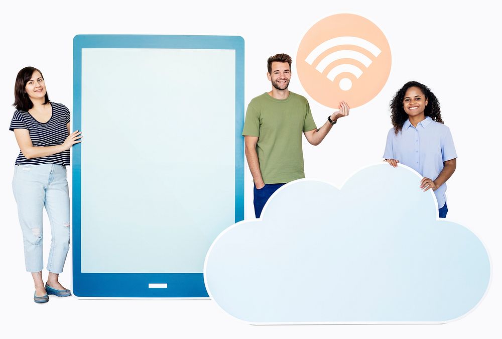 People holding different icons in wireless and cloud technology theme