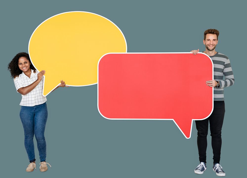Man and woman holding speech bubble icons