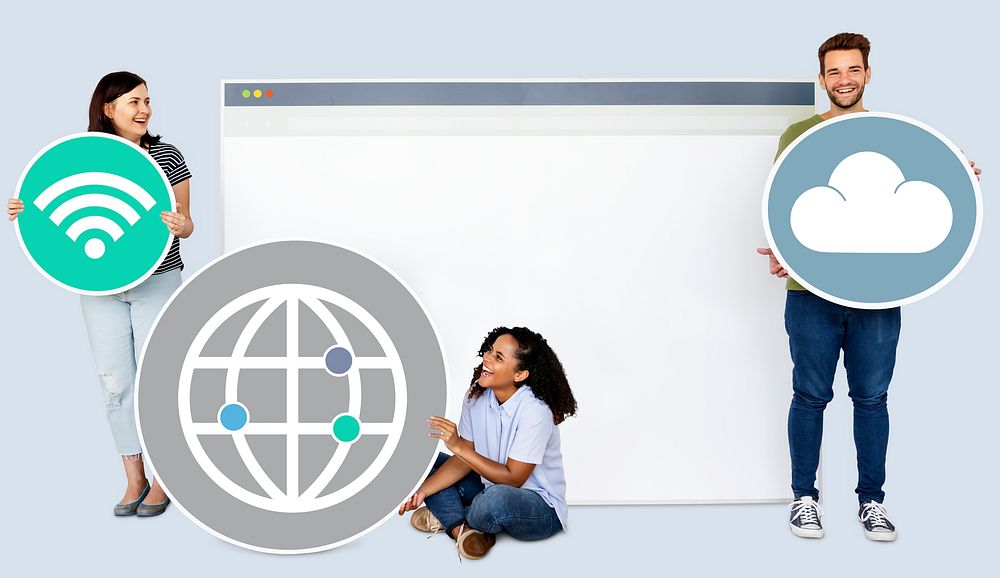 People holding icons related to the theme of internet and connection