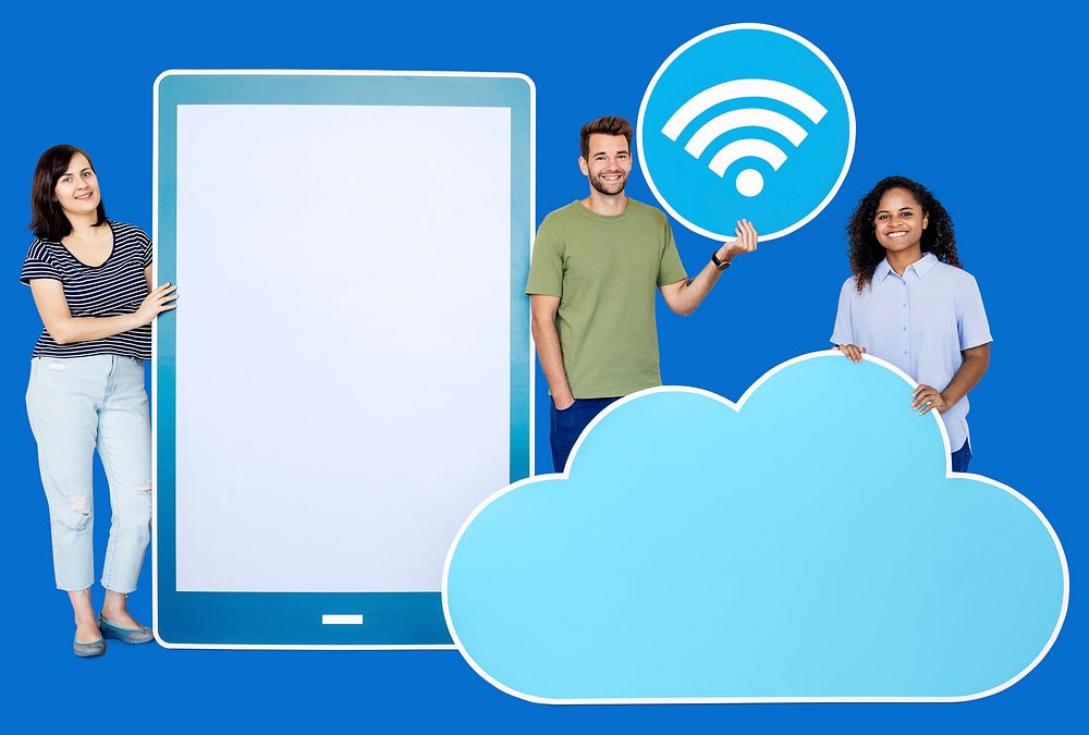 People holding different icons in wireless and cloud technology theme