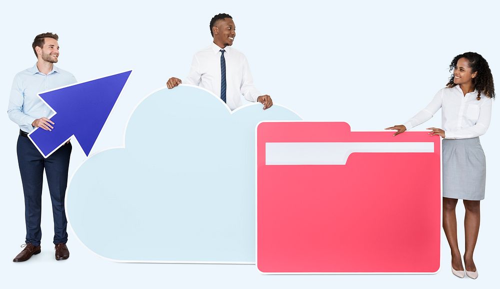 Businesspeople with cloud storage icons