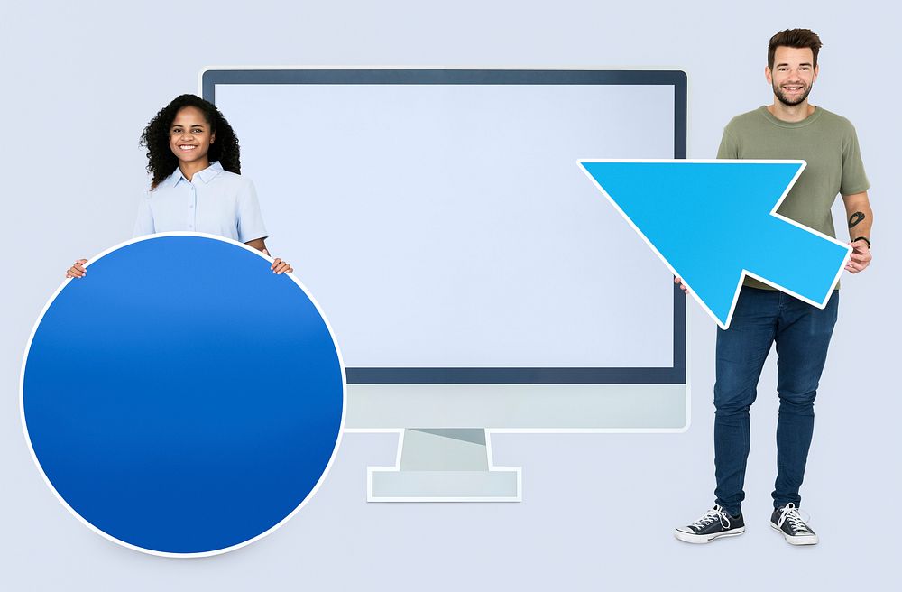 People holding icons in front of a computer monitor paper cutout