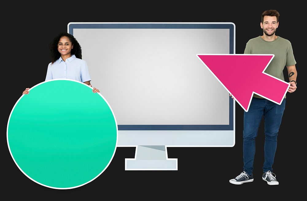 People holding icons in front of a computer monitor paper cutout