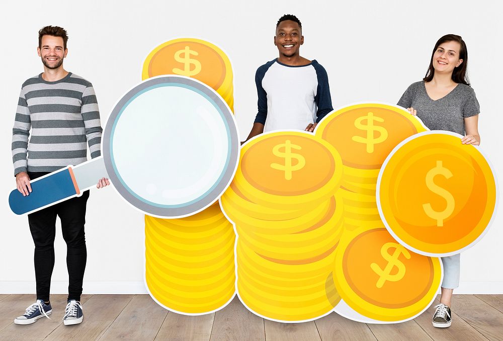 People holding icons related to money and currency concept