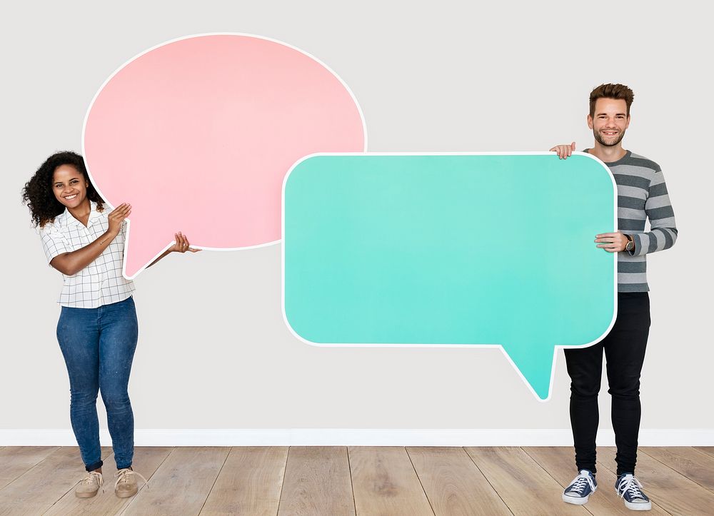 People holding speech bubble icons