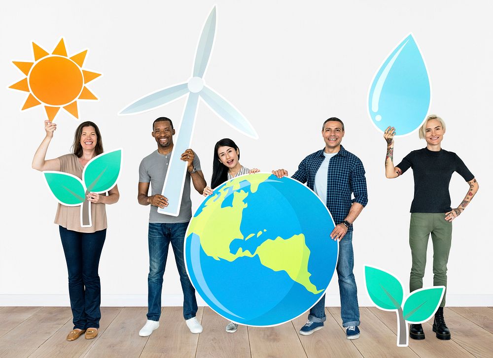 Diverse people holding energy saving icons