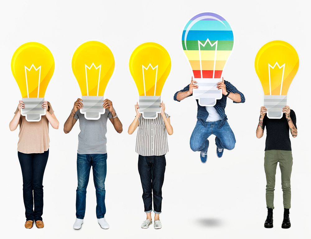 Diverse people holding light bulb icons