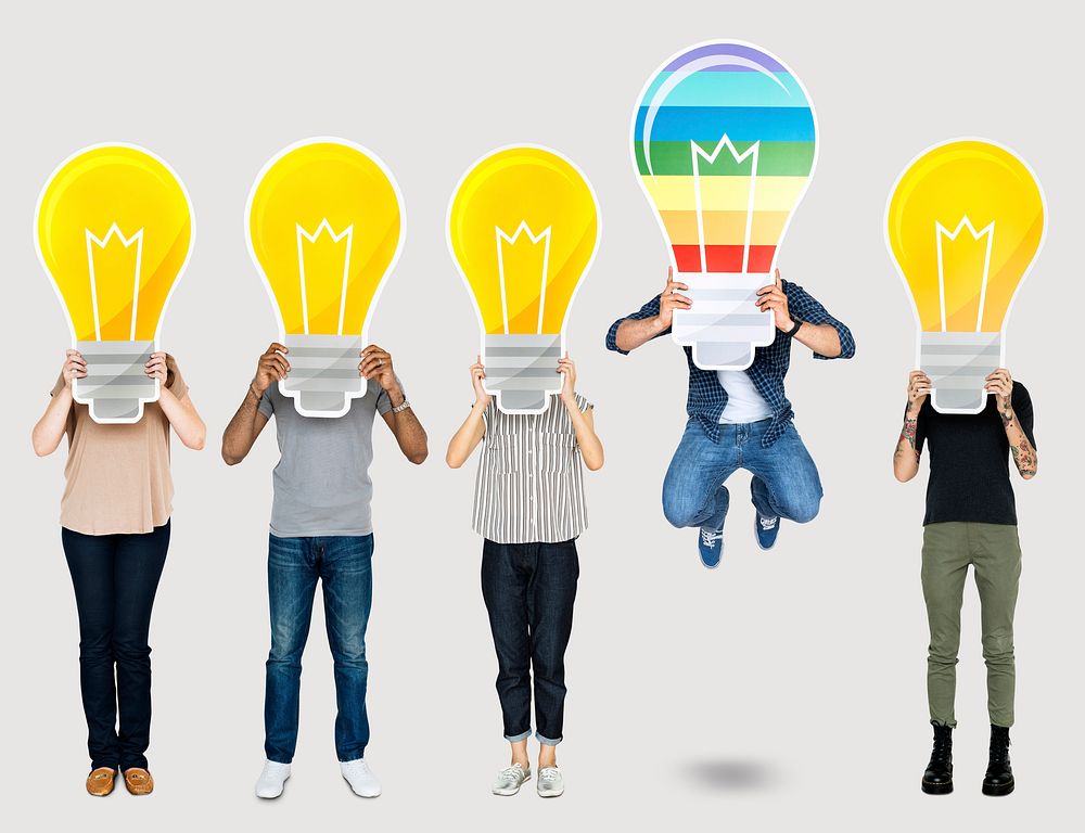 Diverse people holding light bubl icons
