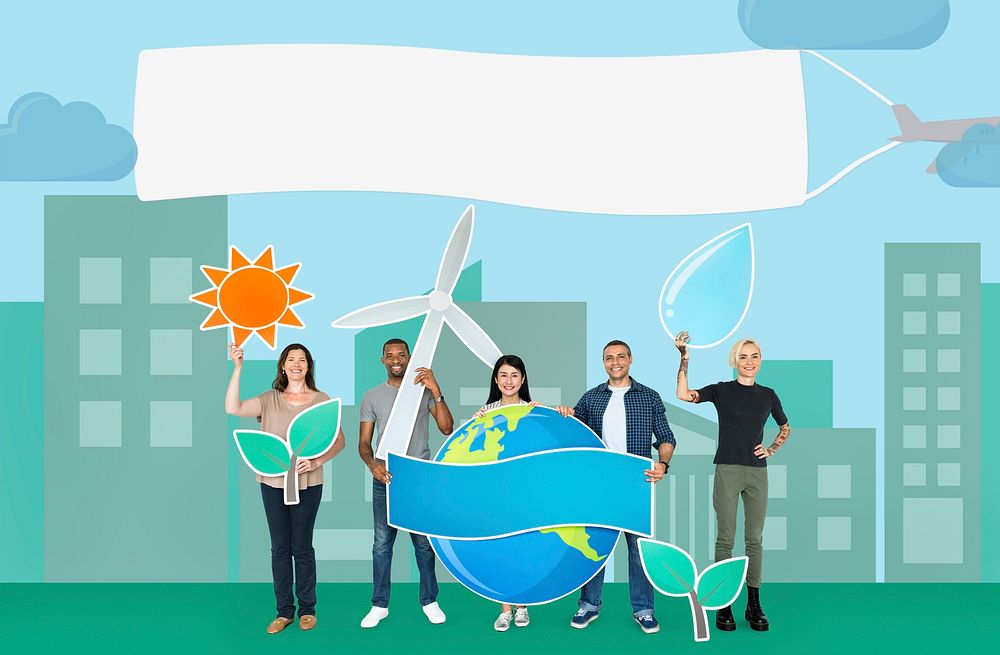 Group of diverse people holding eco friendly icon