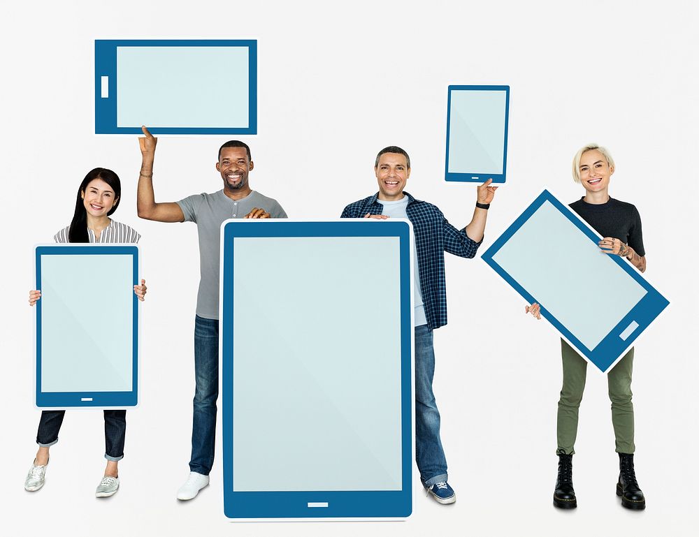 Diverse people holding tablet icons