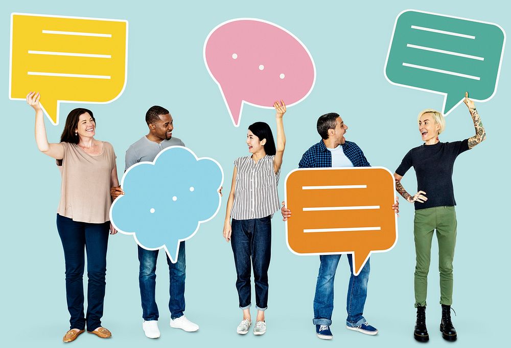 Group of people holding speech bubbles