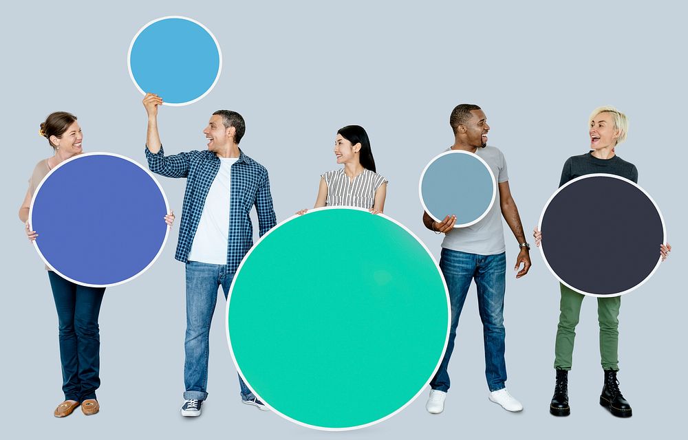 Diverse people holding blank colorful circle boards