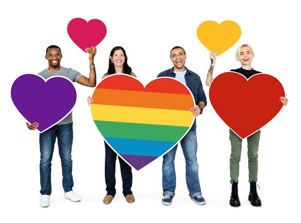 Group of people holding colorful hearts