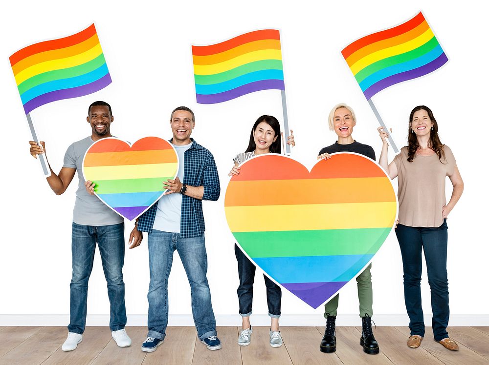 Happy diverse people holding lgbt hearts