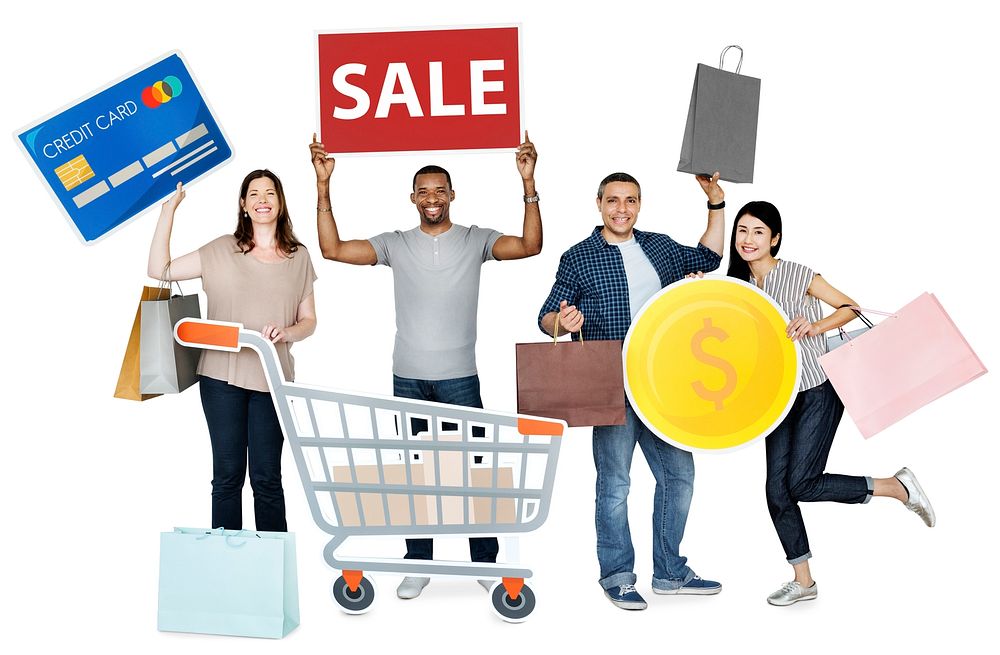 Happy people holding shopping icons