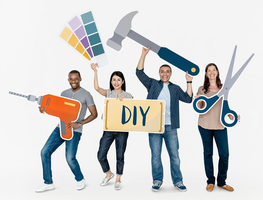 Cheerful diverse people holding DIY icons