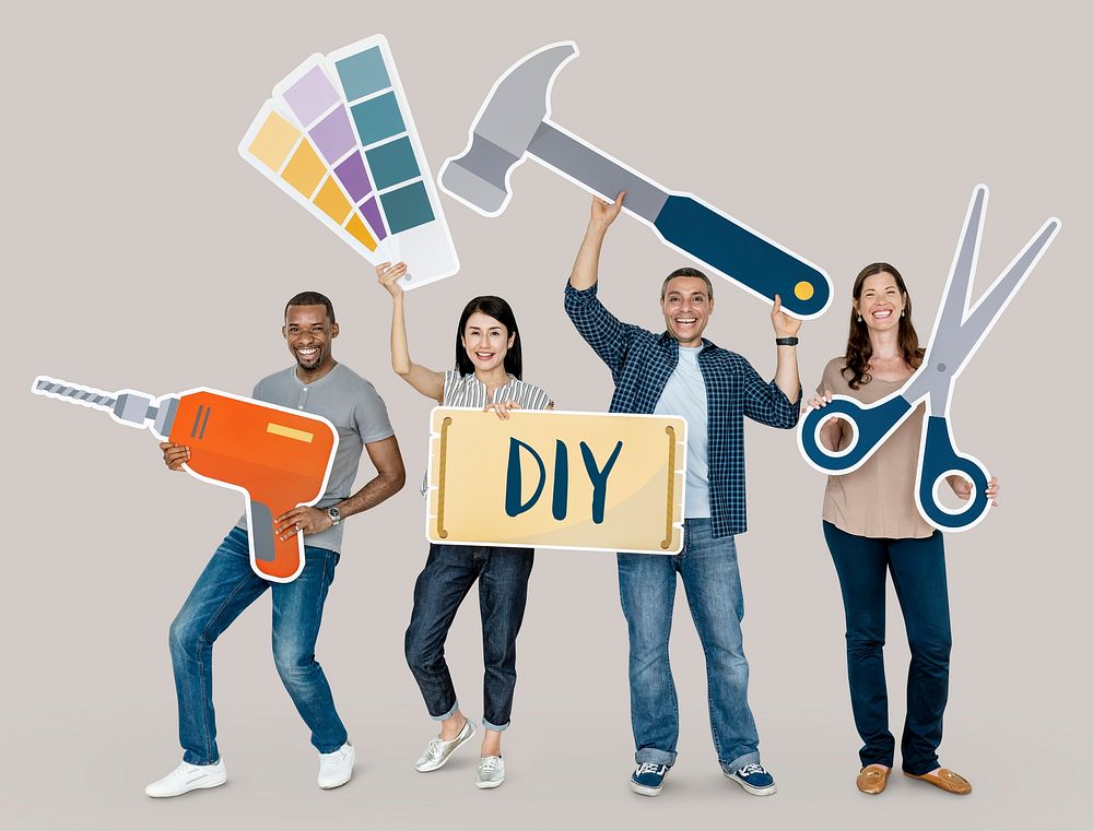 Cheerful diverse people holding DIY icons