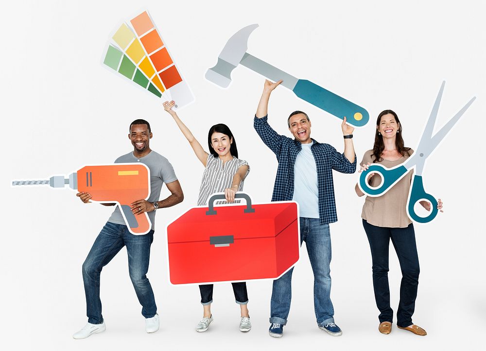 Cheerful diverse people holding tools