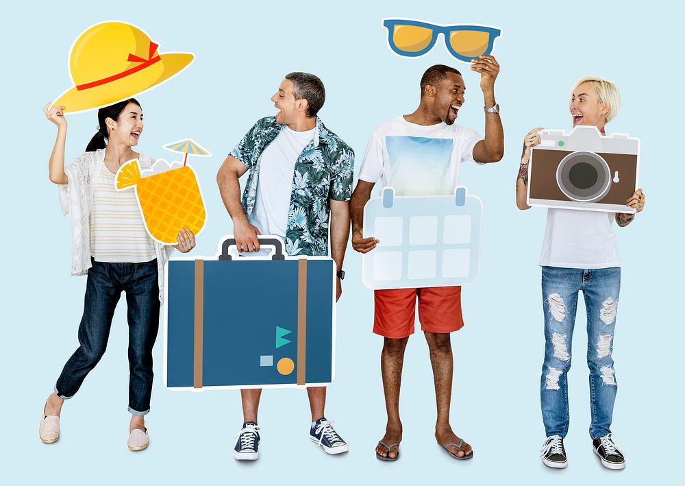 Happy diverse people holding travel icons