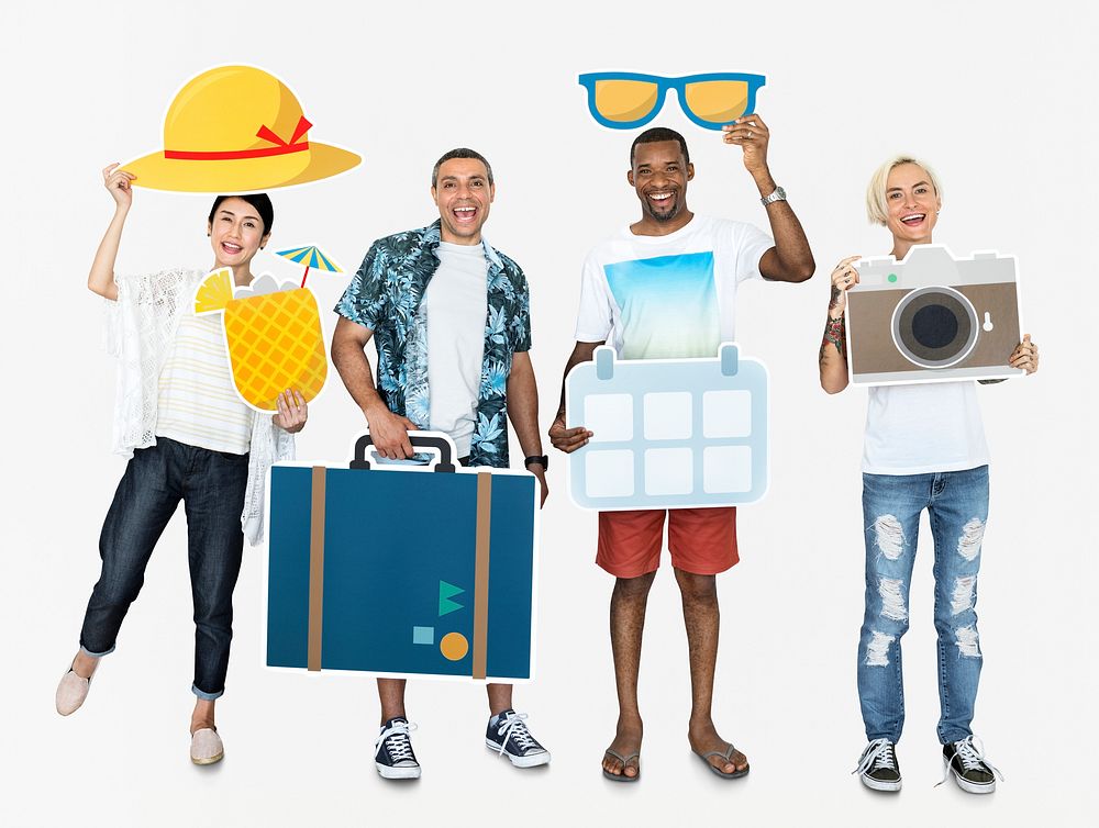 Happy diverse people holding travel icons