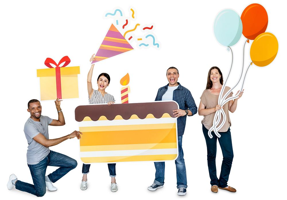 Happy diverse people holding birthday cake