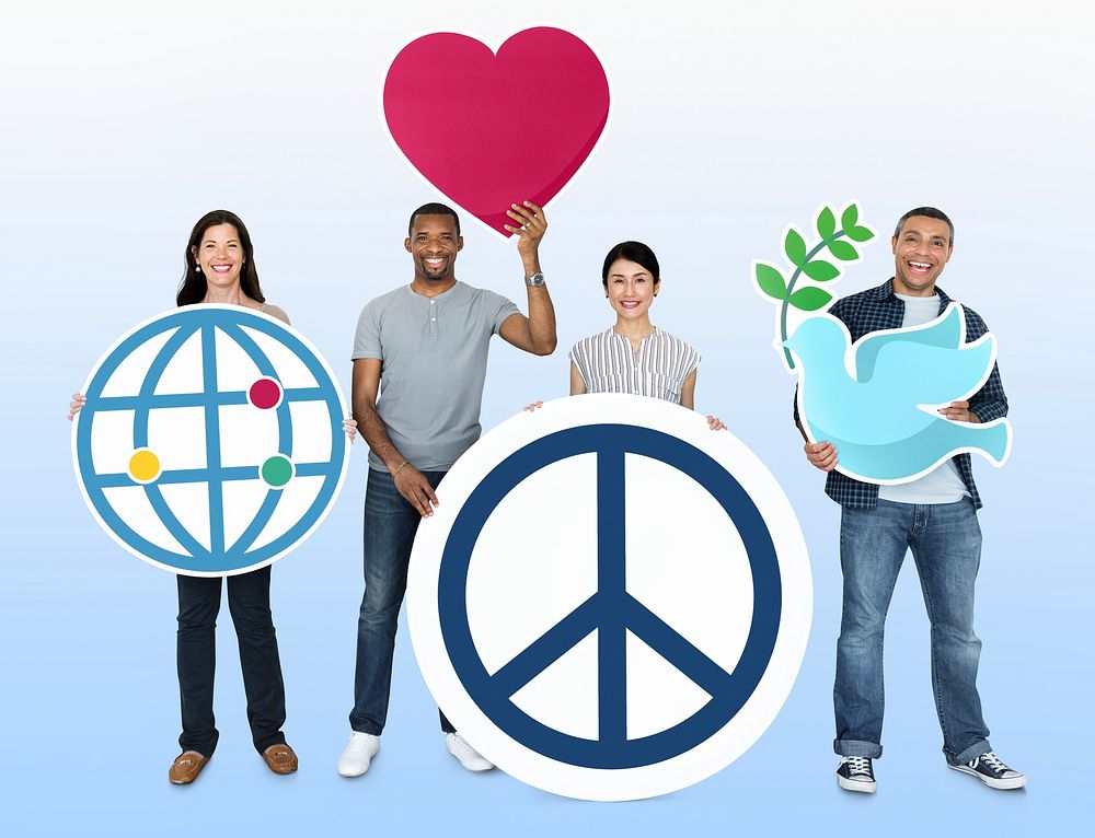 Happy diverse people holding world peace icons