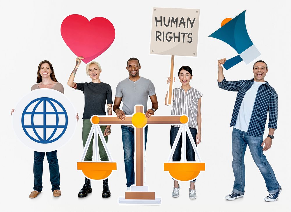 Diverse people holding human rights symbols