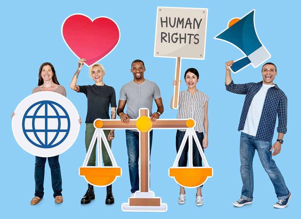 Diverse people holding human rights symbols