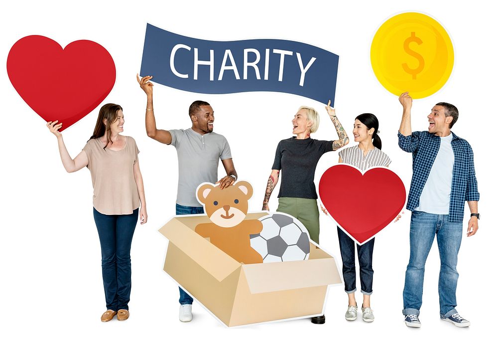 Happy diverse people holding charity banner