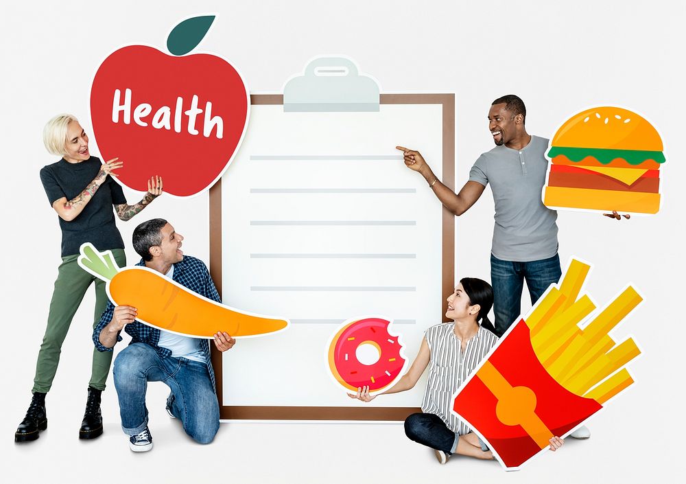 Group of diverse people with healthy food icons