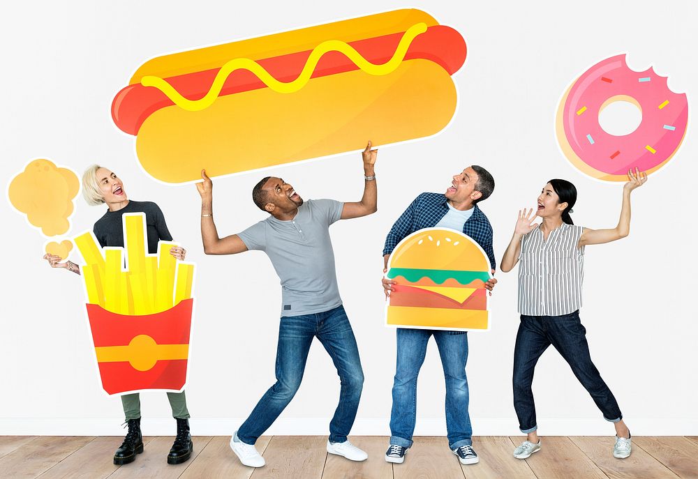 Group of diverse people with food icons