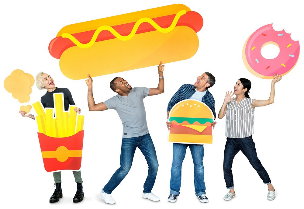 Group of diverse people with food icons