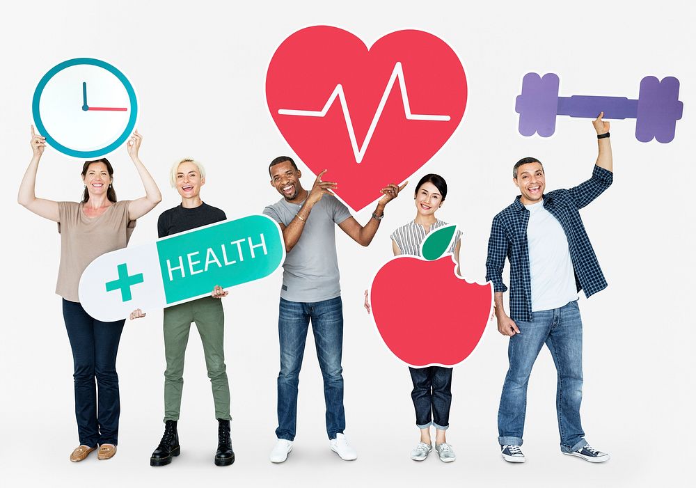 Group of diverse people holding health and fitness icons