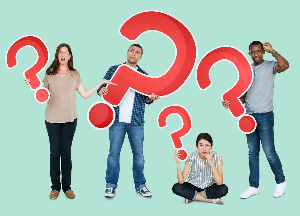 Diverse people holding question mark icons