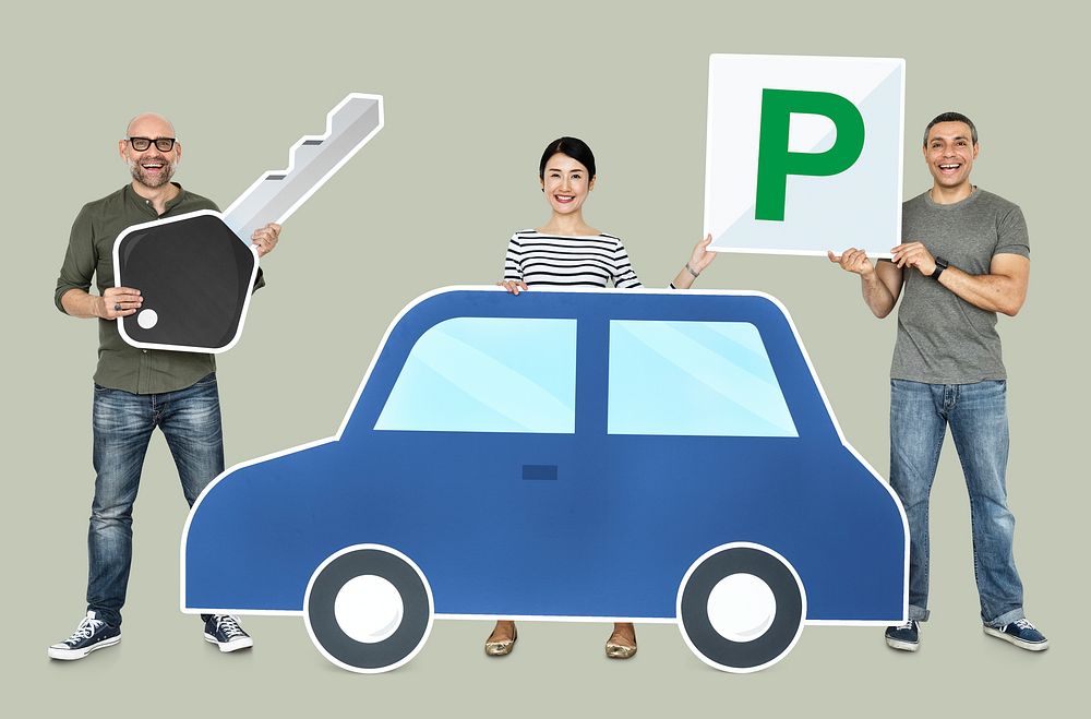 Happy people holding car icons