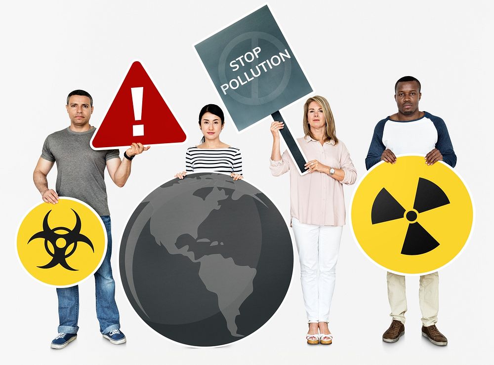 Diverse people holding stop pollution icons