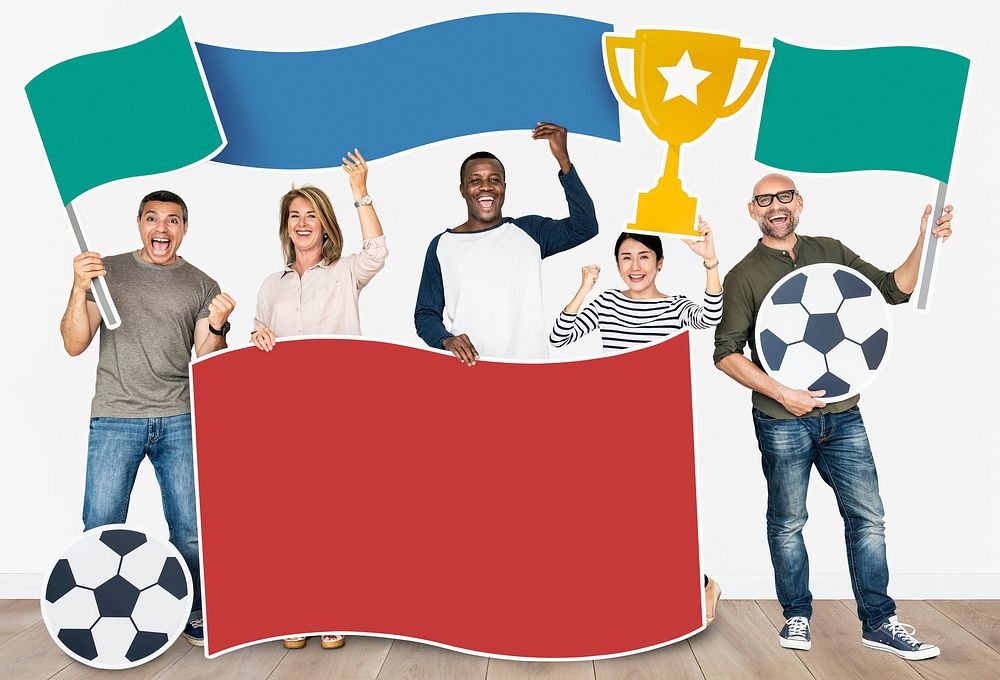 Happy diverse people holding flags and sports cup