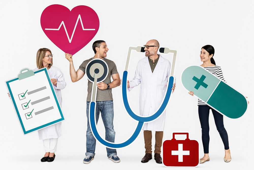 Happy people holding health care icons