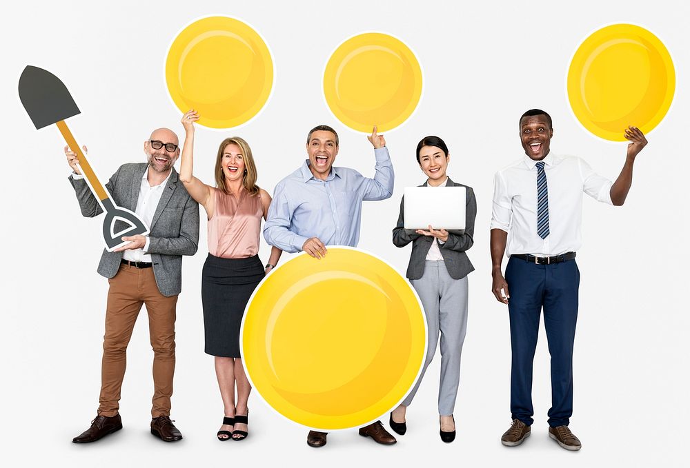 Group of people holding e-commerce icons