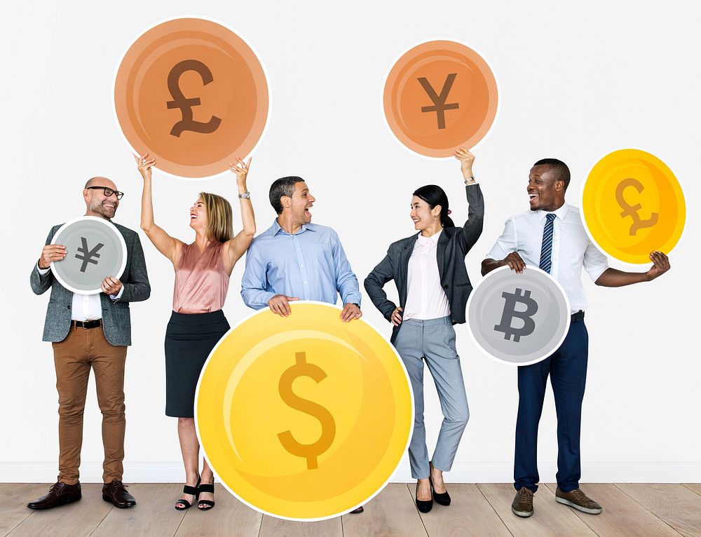 Group of people holding currency icons
