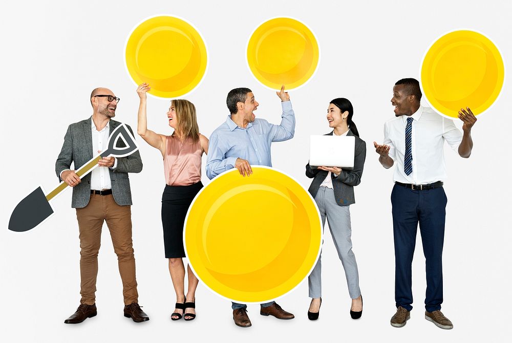 Group of people holding e-commerce icons