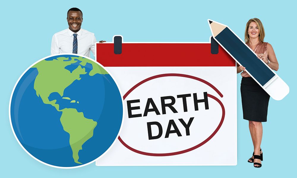 Diverse people holding earth day icon
