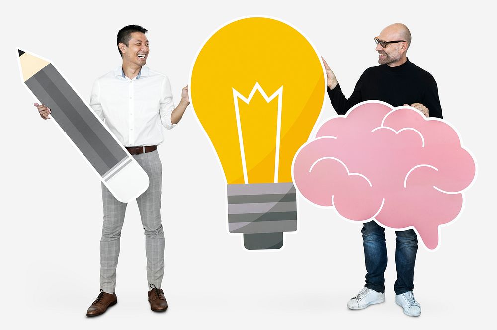 Men with creative ideas showing light bulb and brain icons