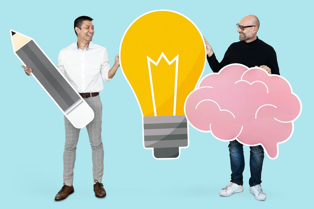 Men with creative ideas showing light bulb and brain icons
