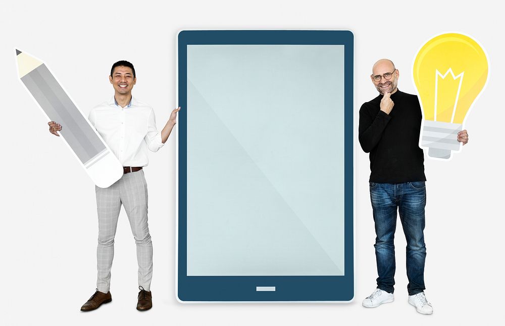 Creative men holding light bulb and a tablet