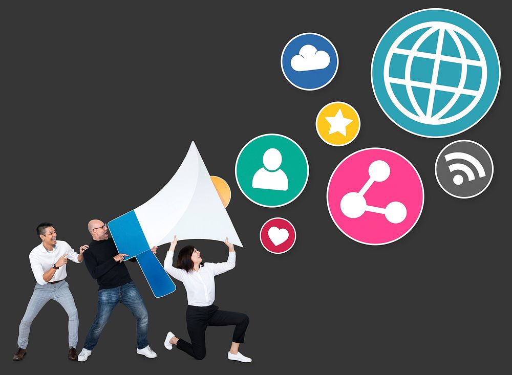 People with a megaphone and social media marketing icons