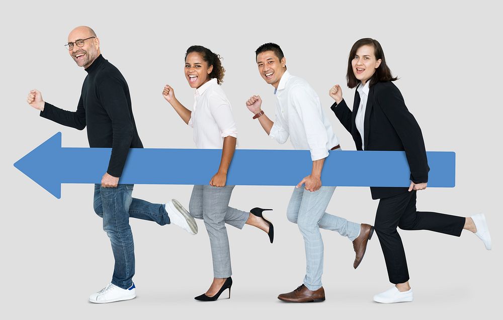 Diverse business people holding a blue arrow