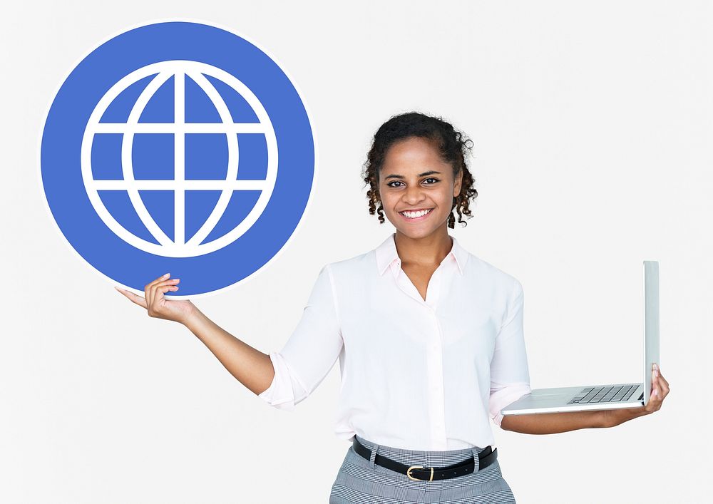 Happy woman holding a laptop and www icon