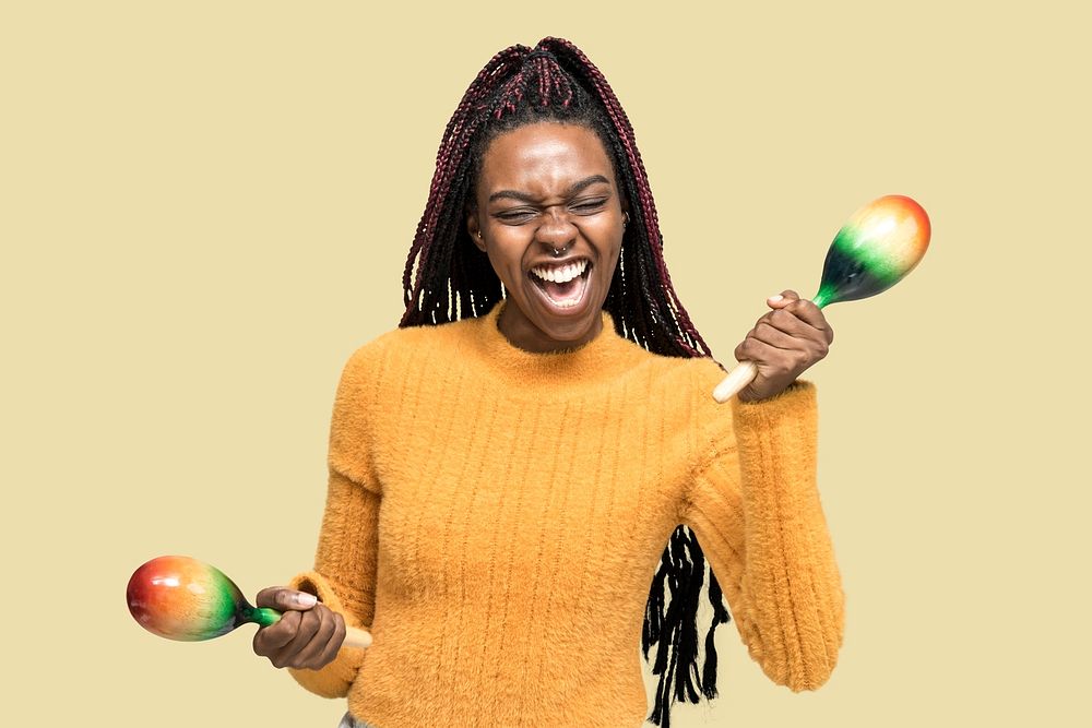 Cheerful black woman enjoying maracas mockup