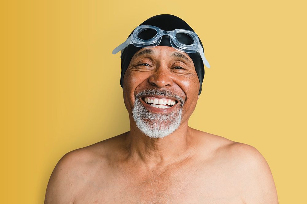 Cheerful senior man wearing swimming glasses mockup